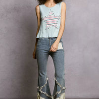 Light blue ribbed tank top with striped star stud patch and round neckline