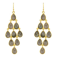 Pair of gold-tone labradorite drop earrings with teardrop stone clusters