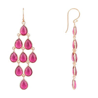 Rose gold cascade earrings with pink teardrop gemstones, side view