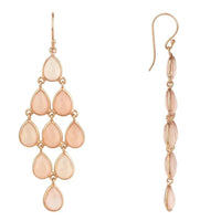 Rose quartz teardrop cascade earrings with rose gold tone hooks, side view