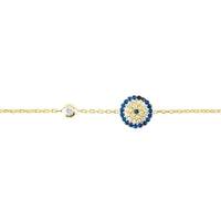 Gold evil eye bracelet with centered round blue eye charm