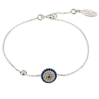 Silver evil eye charm bracelet with blue round bead center and chain extender