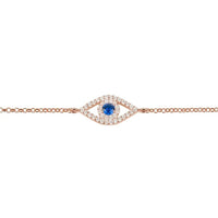 Rose-gold evil eye charm bracelet close-up with blue center stone accents