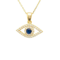 Gold necklace with evil eye pendant, blue center stone and clear pavΓ© accents