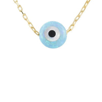 Gold chain necklace with round opalite evil-eye pendant, blue ring and black center