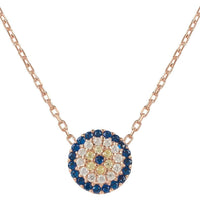 Rose gold evil eye necklace with blue-and-clear round pendant