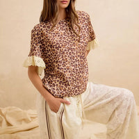 Leopard print top and cream striped shorts set with lace cuff details