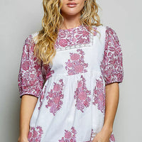 Ivory and pink floral hand-block print woven blouse with puff sleeves