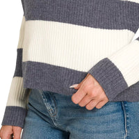 Navy/ivory striped sweater cuff detail with long sleeves and ribbed knit