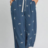 Dusty blue wide-leg drawstring pants with bow embroidery and lace-trim tie