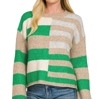 Lightweight wool blend sweater with green and tan horizontal color blocks