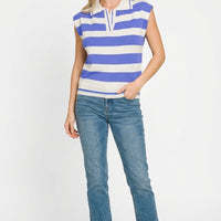 Striped sleeveless sweater vest with collared neckline and blue-and-ivory bands
