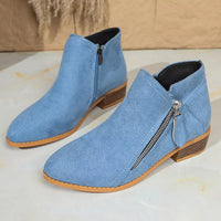 Sky blue point-toe block heel ankle boots with side zipper and dark lining