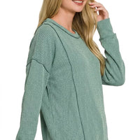 Jade corded rib knit long-sleeve top with crew round neck and ribbed cuffs