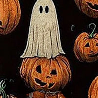 Plus-size black Halloween boat-neck sweater close-up of ghost and jack-o'-lantern pumpkins