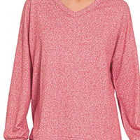 Women’s DK red melange long-sleeve V-neck tee with relaxed fit