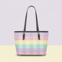 Checkered Tote Bag | Large Pastel Rainbow Twill Faux Leather Purse