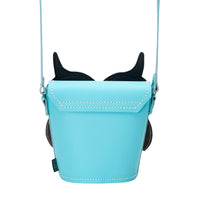 Leather owl crossbody bag with light blue body and owl face front, shoulder strap