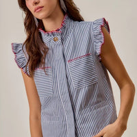 Ruffled sleeveless vest top with blue-and-white stripes, red-trim details, hidden button closure