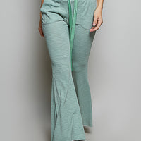 Pale sage textured ribbed knit drawstring flare pants with side pockets