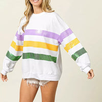 Off-white round-neck sweatshirt with wide sequined color stripes, relaxed fit
