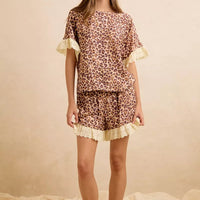 Leopard print top and shorts set with lace trim hem and ruffled sleeves