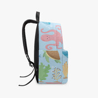 Kids canvas backpack side panel with pink octopus, turtle, and seaweed sea creatures.