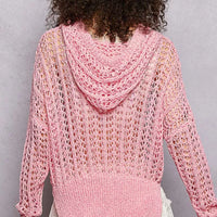 Pink openwork knit top with hooded cowl back and long sleeves