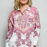 Floral button-down shirt with pink and burgundy print on ivory base, collared front