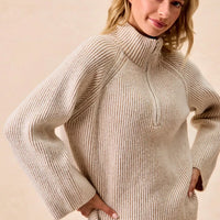 Two-tone rib knit zip-collar pullover, taupe and cream, side view