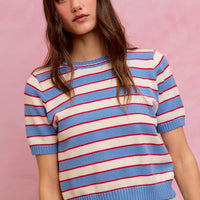 Blue, red and white striped knit crew neck short-sleeve sweater top with ribbed hem