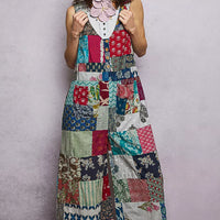 Sleeveless patchwork jumpsuit with multicolor patchwork and wide-leg silhouette