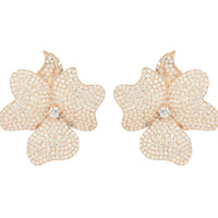 Large flower stud earrings in rose-gold tone with textured petals and central rhinestone
