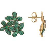 Large green crystal flower stud earrings with gold-tone backs
