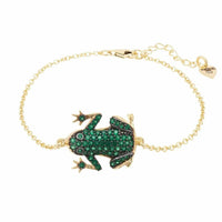 Gold chain bracelet with green enamel frog charm centerpiece