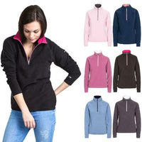 Women's half-zip fleece jumper in black with bright pink inner collar and assorted color options