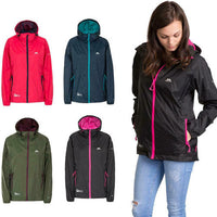 Women's hooded waterproof jackets in raspberry, navy, moss and black; black jacket shown worn