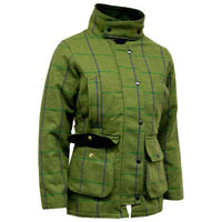 Women's green plaid tweed jacket with a high collar and adjustable side tabs