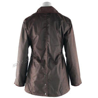 Brown fitted wax jacket, back view with center seam and button detail