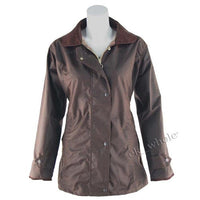 Brown fitted wax jacket with corduroy collar, front view and button closure
