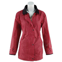 Red fitted wax jacket with dark corduroy collar, front view and button closure