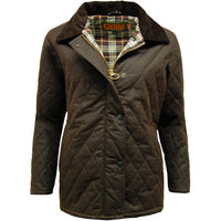 Brown quilted jacket with corduroy collar, plaid lining, and button front