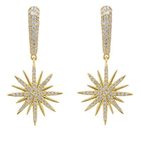 Gold starburst drop earrings with sparkling crystal sunburst charms and small hanging loops