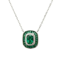Silver pendant necklace with emerald-green square stone and clear halo border