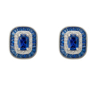 Silver stud earrings with blue sapphire center and crystal square halo