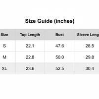 Size guide inches table with S, M, XL top length, bust, and sleeve measurements