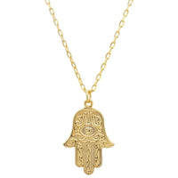Gold-tone hamsa evil eye pendant necklace with embossed hand charm