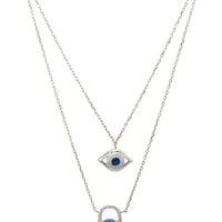 Silver layered necklace with evil eye and hamsa charms, double chain