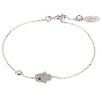 Silver-tone hamsa hand charm bracelet with blue center stone on chain