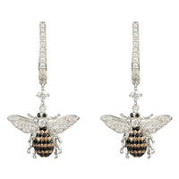 Silver-toned drop earrings with rhinestone huggers and bee charms